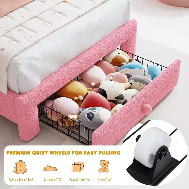 Struttura letto imbottita a LED, con cassetto portaoggetti, testiera chic regolabile, letto a piattaforma Princess in pile berbero per bambini, supporto in legno, senza rete a molle