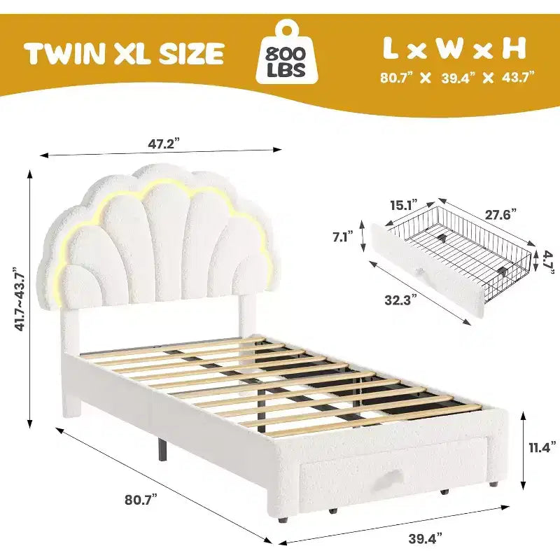 Struttura letto imbottita a LED, con cassetto portaoggetti, testiera chic regolabile, letto a piattaforma Princess in pile berbero per bambini, supporto in legno, senza rete a molle