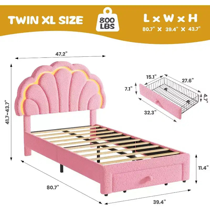 Struttura letto imbottita a LED, con cassetto portaoggetti, testiera chic regolabile, letto a piattaforma Princess in pile berbero per bambini, supporto in legno, senza rete a molle