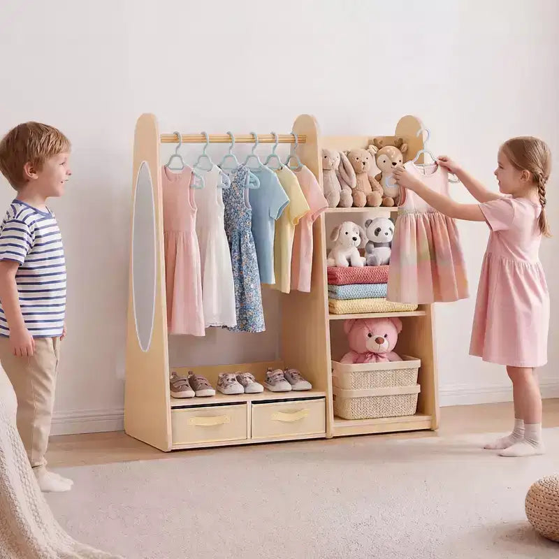 Mobile Armadio Giocattolo per Bambini, con Specchio, Mobile Armadio Guardaroba per Bambini, Armadio per Bambini, Armadio con Ripiani e Vassoio Inferiore, Naturale