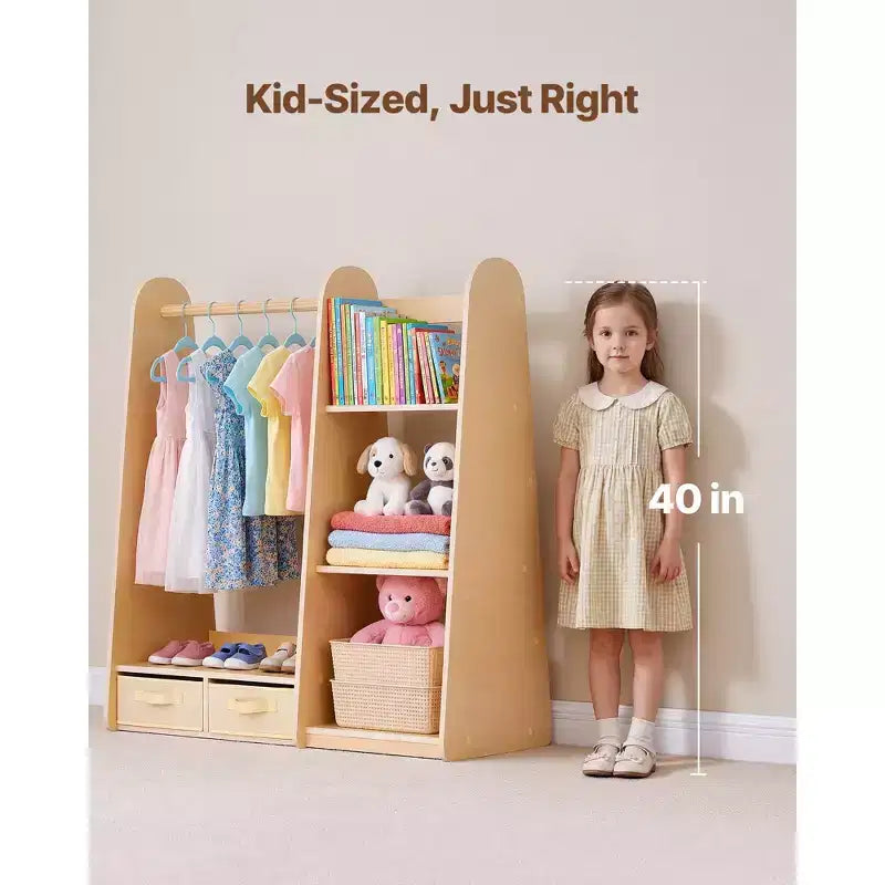 Mobile Armadio Giocattolo per Bambini, con Specchio, Mobile Armadio Guardaroba per Bambini, Armadio per Bambini, Armadio con Ripiani e Vassoio Inferiore, Naturale
