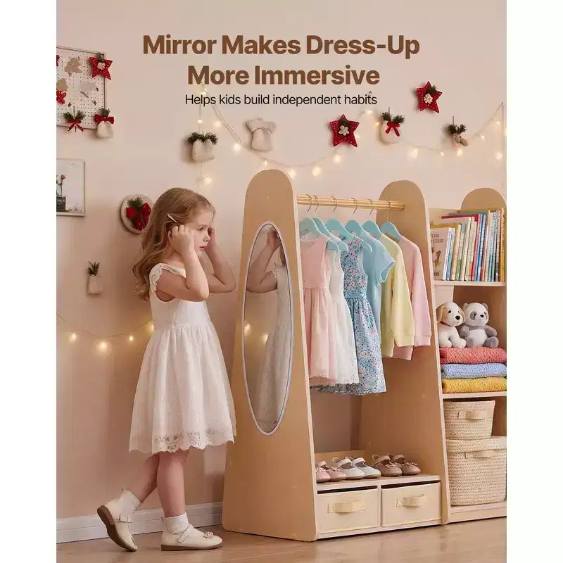 Mobile Armadio Giocattolo per Bambini, con Specchio, Mobile Armadio Guardaroba per Bambini, Armadio per Bambini, Armadio con Ripiani e Vassoio Inferiore, Naturale