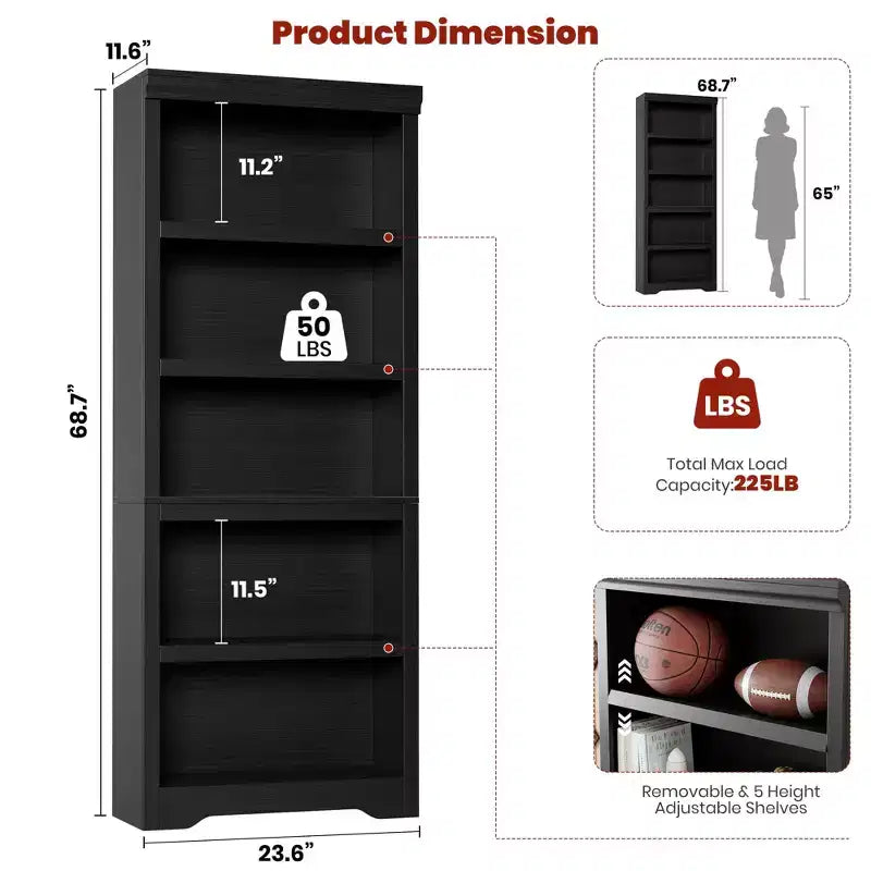 Libreria a 2/3/5/6 livelli, Scaffale in stile rustico, larga 60 cm/80 cm con ripiani regolabili, Scaffale espositivo aperto con design antiscivolo per l'ufficio di casa