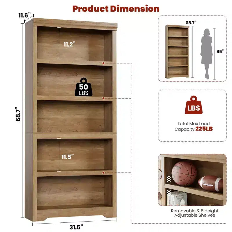 Libreria a 2/3/5/6 livelli, Scaffale in stile rustico, larga 60 cm/80 cm con ripiani regolabili, Scaffale espositivo aperto con design antiscivolo per l'ufficio di casa