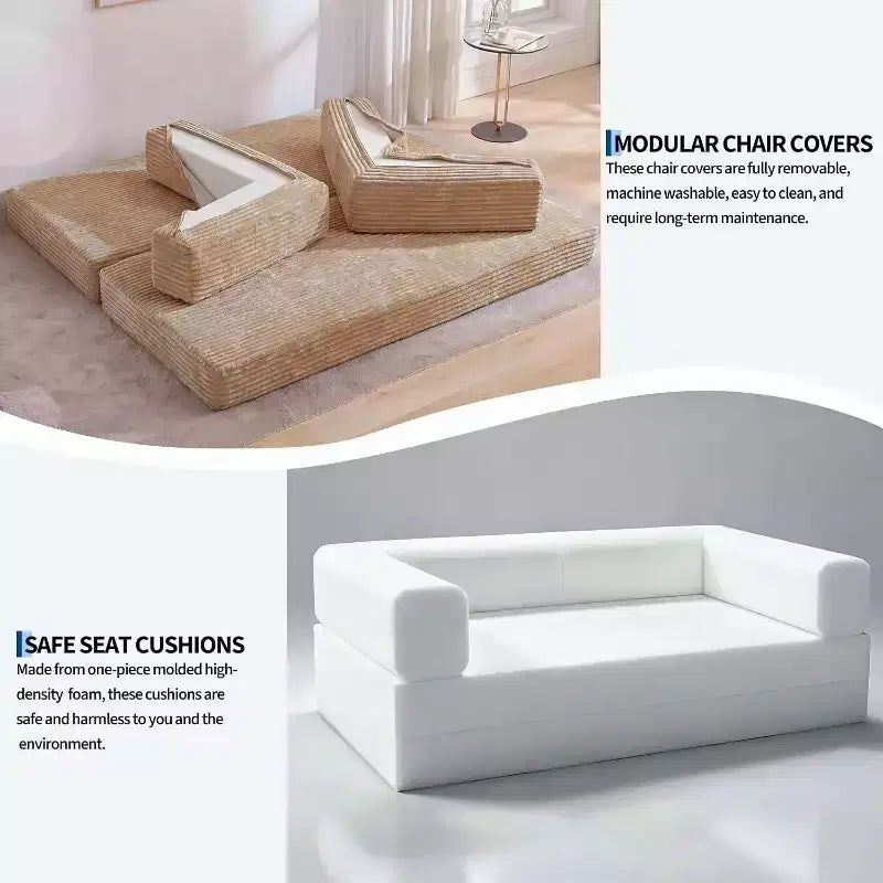 Divano Letto Convertibile 5-in-1 da 80.7", Divano Pieghevole in Velluto a Coste con Contenitore, 4 Strutture e 2 Cuscini, Salvaspazio Senza Montaggio per Casa e Dormitorio, Beige