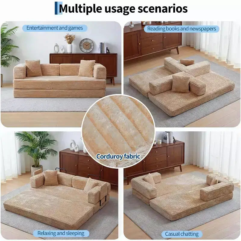 Divano Letto Convertibile 5-in-1 da 80.7", Divano Pieghevole in Velluto a Coste con Contenitore, 4 Strutture e 2 Cuscini, Salvaspazio Senza Montaggio per Casa e Dormitorio, Beige