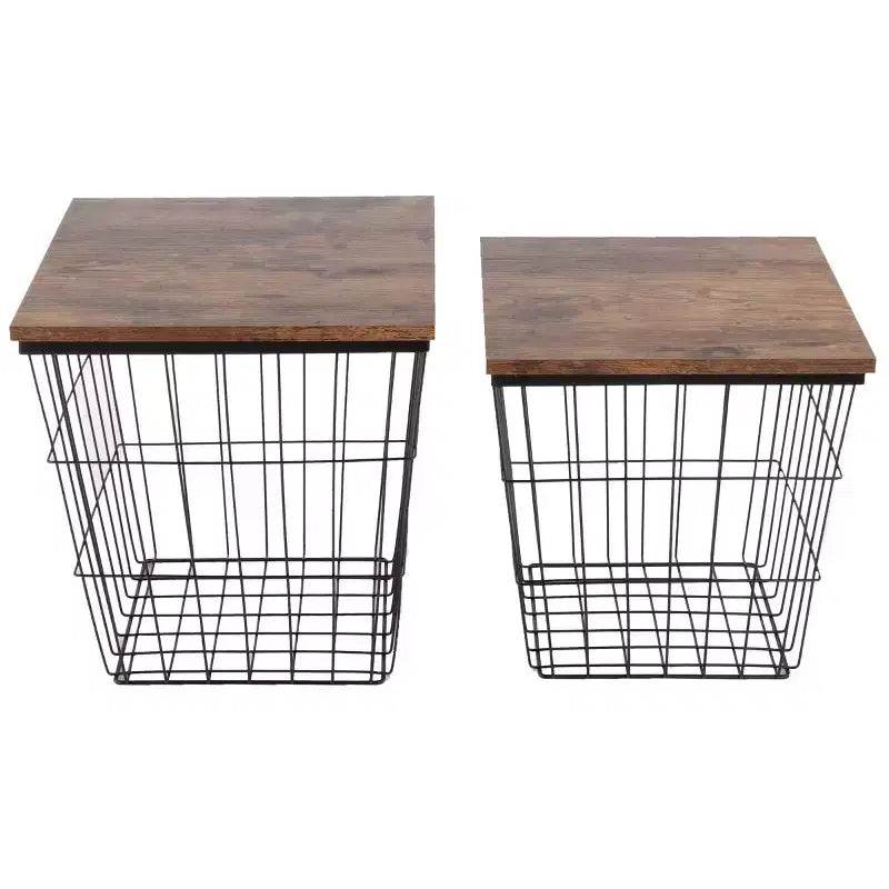 Tavolino d'appoggio con contenitore Set di 2 tavolini impilabili Base quadrata a cesto in filo di ferro e piani in legno Tavolino laterale in stile industriale e rustico di Lavish Home