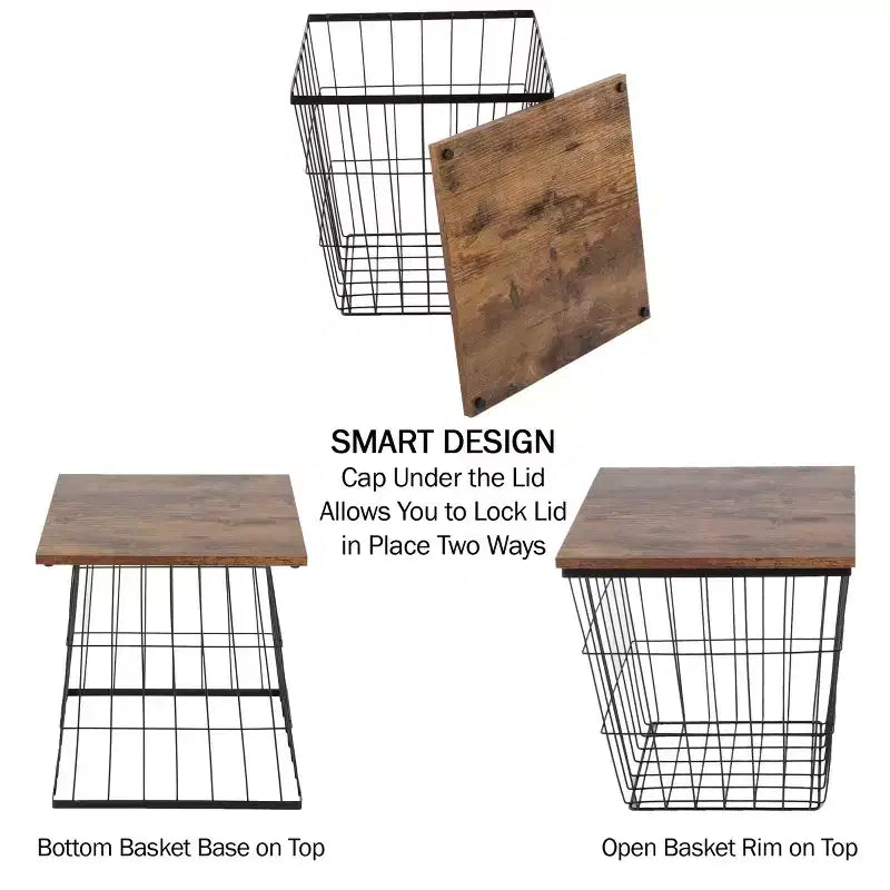 Tavolino d'appoggio con contenitore Set di 2 tavolini impilabili Base quadrata a cesto in filo di ferro e piani in legno Tavolino laterale in stile industriale e rustico di Lavish Home