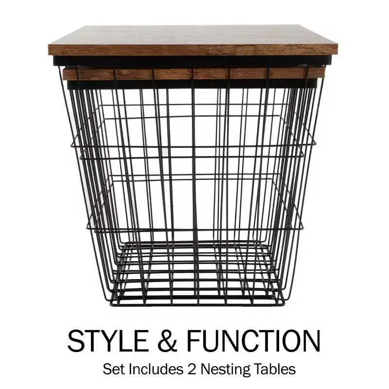 Tavolino d'appoggio con contenitore Set di 2 tavolini impilabili Base quadrata a cesto in filo di ferro e piani in legno Tavolino laterale in stile industriale e rustico di Lavish Home
