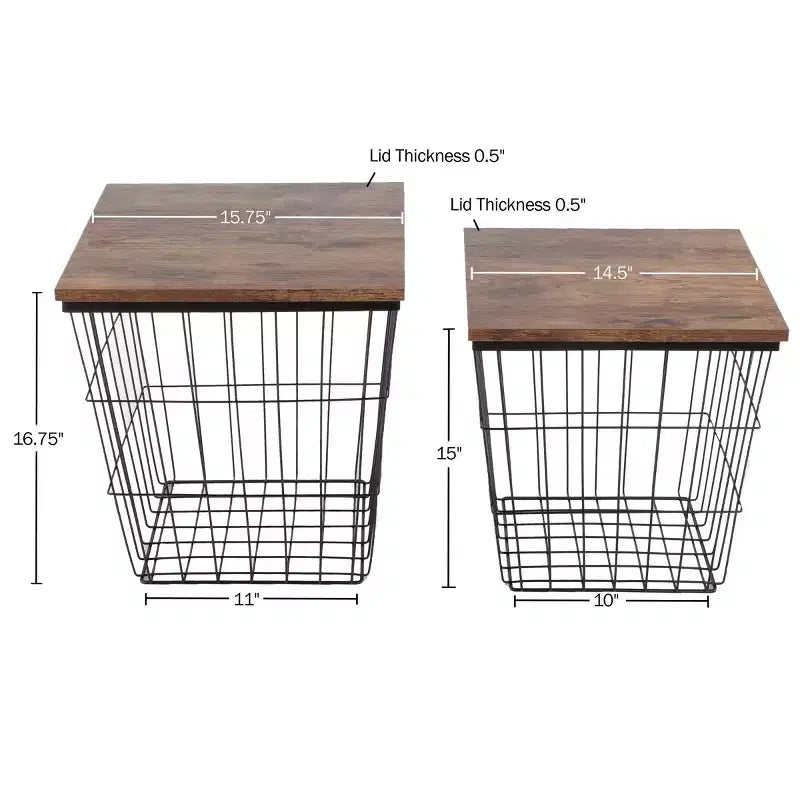 Tavolino d'appoggio con contenitore Set di 2 tavolini impilabili Base quadrata a cesto in filo di ferro e piani in legno Tavolino laterale in stile industriale e rustico di Lavish Home