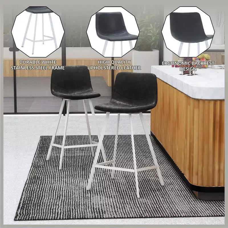 Sgabello da bar LeisureMod Elland 35 in pelle imbottita con base bianca in acciaio inossidabile - Sgabello moderno ad altezza bancone per cucina, bar e pub